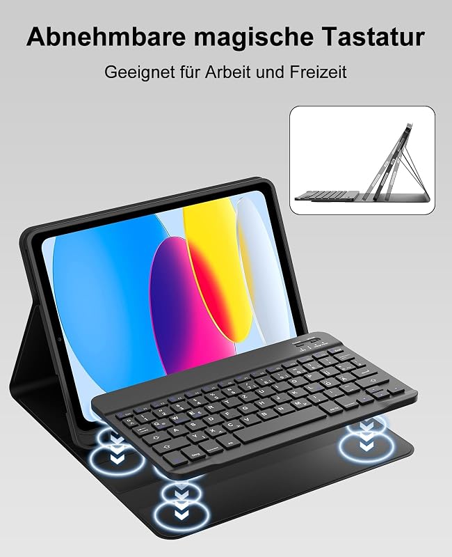 SENGBIRCH Bluetooth Billentyűzetes Tok iPad 10/11 Generációhoz - Levehető QWERTZ Német Billentyűzet, Tolltartóval, Fekete