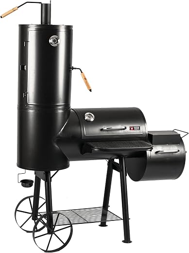 Mayer Barbecue RAUCHA Smoker MS-300 Pro Holzkohlegrill Räucherofen Smoker Grill, 2 Deckelthermometer, Massiv 49 kg, Schwarz, 139 x 184 x 73,5 cm (B x H x T)