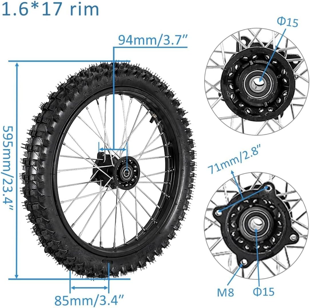 70/100-17 Front Wheel Assembly with Tire, Rim, Inner Tube, 15mm Bearing & Brake Disc Rotor for Pit Dirt Bike, Off-Road Motorcycle, Apollo, Taotao, CRF, KLX, KX, DRZ