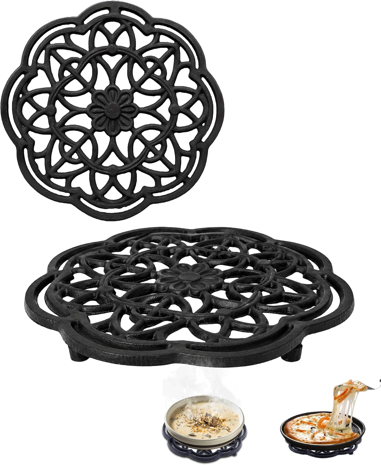 Black Flower Cast Iron Trivet 2-Pack for Kitchen & Dining - 7.5in Decorative Flower Pattern Hot Dish Pads, Heat Resistant Pot Holders with Raised Design for Table, Counter & Wood Surface