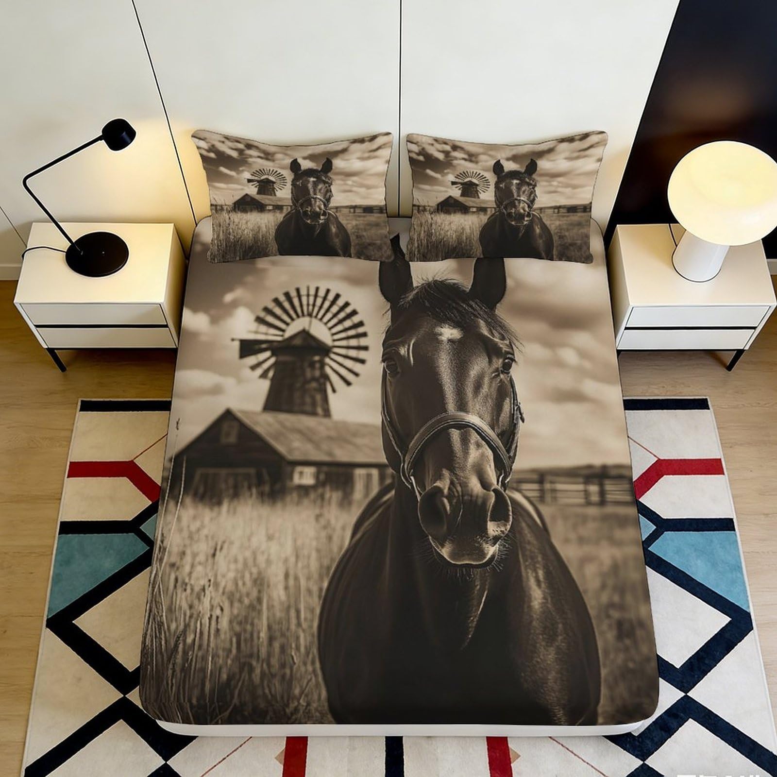 3D Printed Horse Landscape Fitted Sheet Microfiber Soft Breathable Windmill Bed Cover for Bedroom Dormitory Guest Room Mattress Protection Decor 90x200x25cm