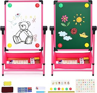 Arkyomi Kids Art Easel Standing Easel with Height Adjustable Whiteboard&Chalkboard Double Sided Easel 360°Rotating Drawing Easels for Kids (26inch-43inch)(Pink)
