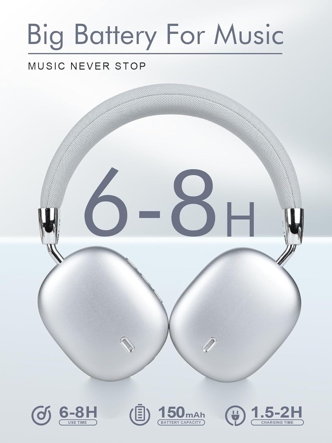 B36 Wireless Bluetooth 5.3 Over-Ear Headphones, 8H Playtime ANC Noise Cancelling Headphones, Foldable, Ergonomic, HD Microphone, for Mobile/PC/Game Console (Silver) - Image 6