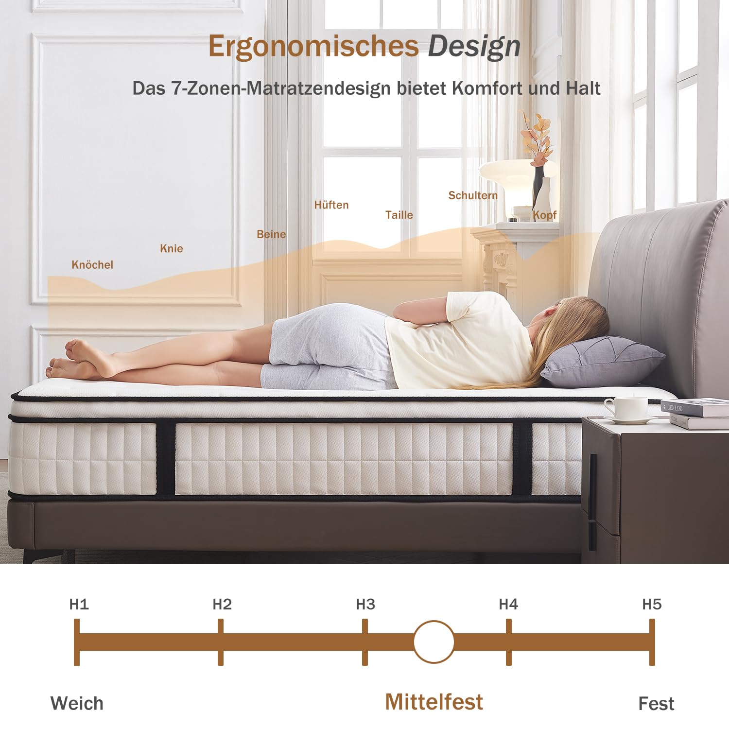 Hiepunos Materasso 160 x 200 cm, 26 cm, altezza materasso a molle insacchettate, grado di durezza H3,7 zone, ortopedico con strato di memory foam, scarico della schiena, certificato Öko-Tex