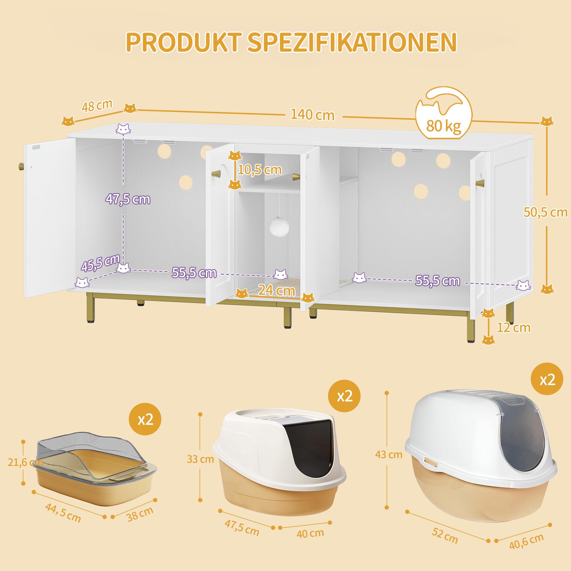 Hzuaneri Katzenschrank für 2 Katzen, Katzenklo Schrank, Katzenhaus Versteckt mit Doppelräumen, Mit Stauraum, Plüschbälle, Kann als Fernsehschrank, 140 x 48 x 62 cm, Weiß und Gold CB86513AV1