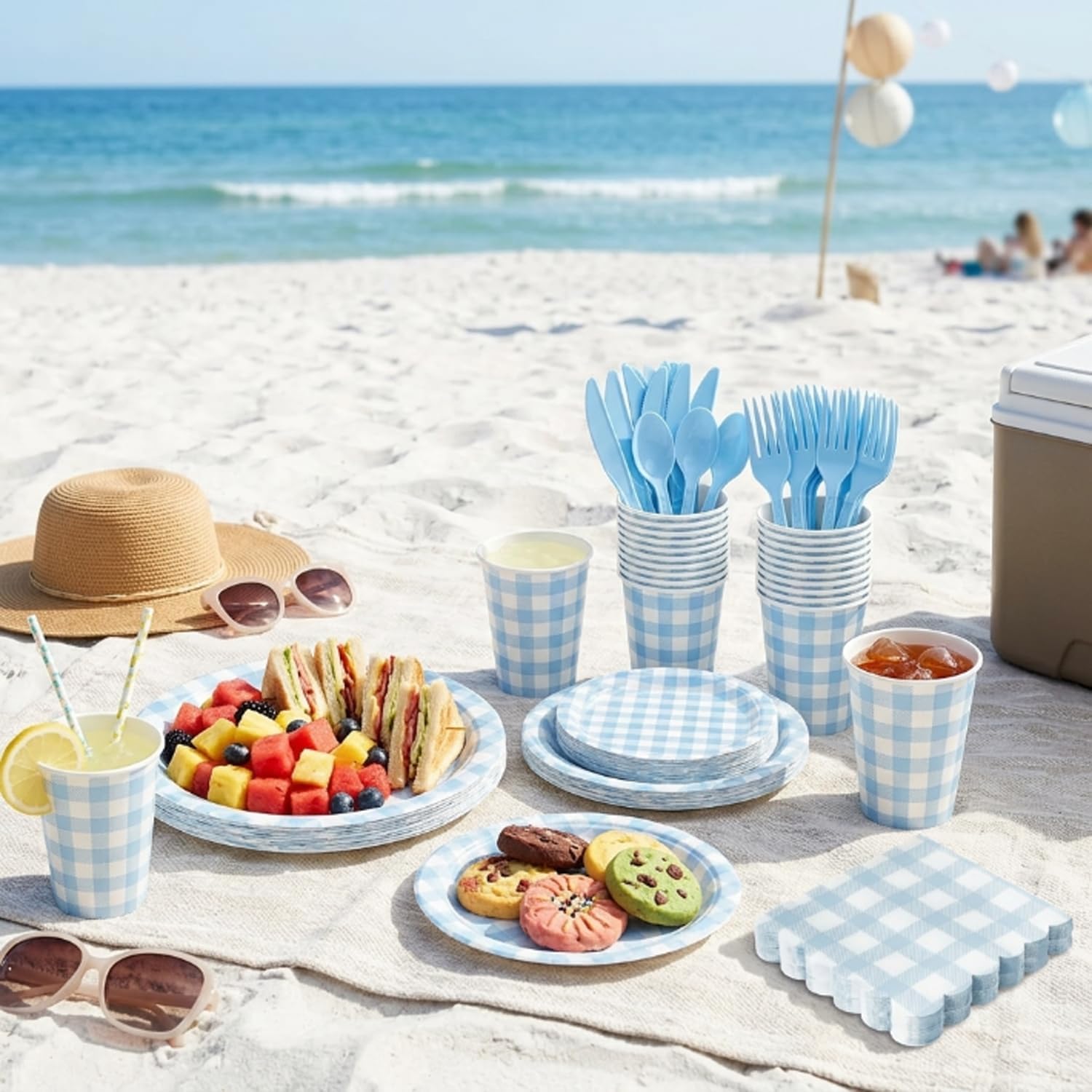 LINHAXM 175 PCS Blue Gingham Party Supplies for 25 Guests Includes Light Blue Gingham Paper Plates, Cups, Napkins, Cutlery for Dinner Wedding Bridal Shower Birthday Baby Shower Party Decorations image 3