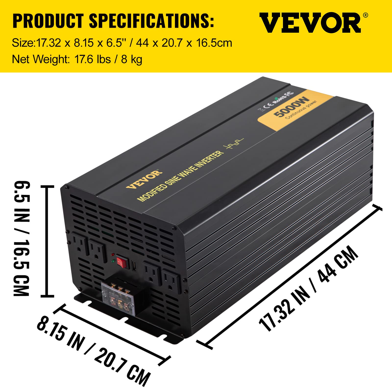 VEVOR 5000 W modifizierter Sinus-Wechselrichter, DC 12 V auf AC 120 V Spannungswandler, mit LCD-Fernbedienung, LED-Anzeige, AC-Steckdosen; für LKW, Wohnmobil, Auto, Boot, Reisen, Camping, Notfall