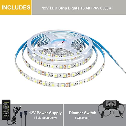 Miniatura 6 de JOYLIT Tira de luces LED blancas de 12 V 6000-6500 K 164 pies 5M SMD5050 300 LED regulable IP65 impermeable cortable cuerda de luz LED flexible para