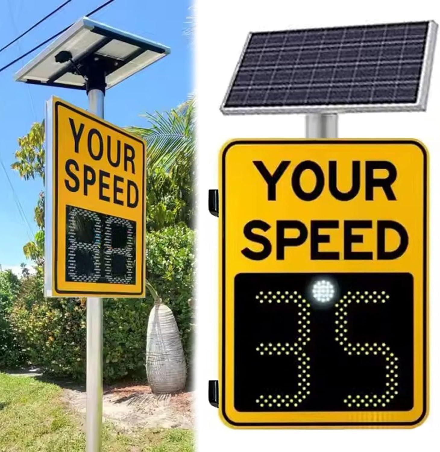 Solar Powered Radar Speed Limit Sign - Radar Detection Speed Warning Sign with Red/Green LED, Waterproof & High-Brightness Display for Road Safety(Yellow,23.6x35.4in)