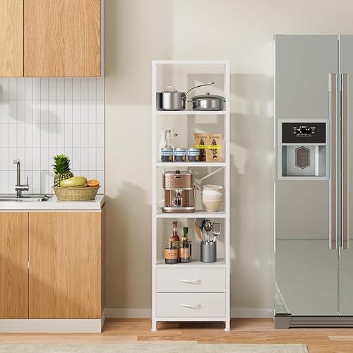 Miniatura 4 de Furnulem Estante esquinero de 5 niveles, estantería estrecha con 2 cajones de almacenamiento, estantería alta, estante organizador de estante de