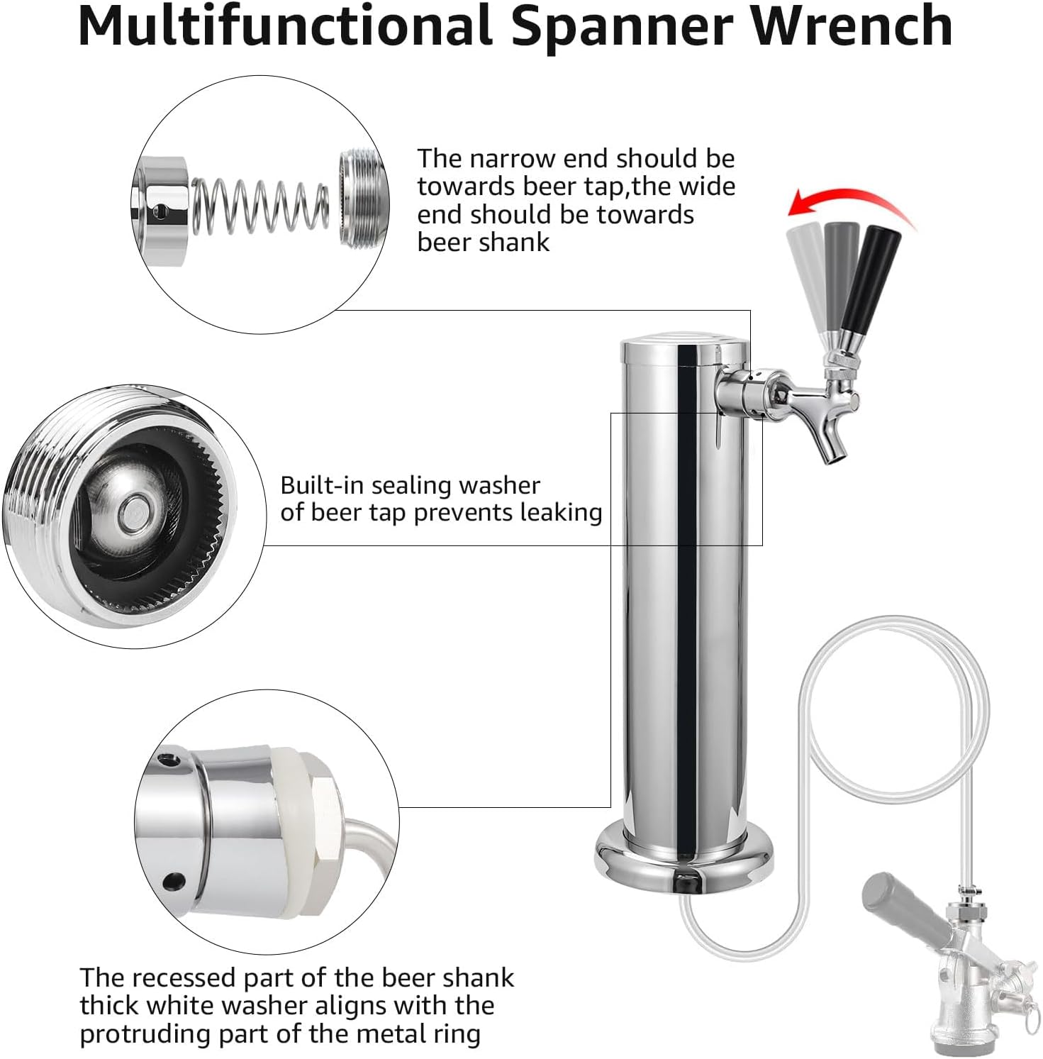 MRbrew Beer Line Shank Faucet Kit, Stainless Core Self-Closing Beer Tap with 3/16'' liquid hose & 1/4" Barb, Kegerator Tower Replacement Set for Draft Beer Dispenser - Include Tap Wrench & Hose Clamps