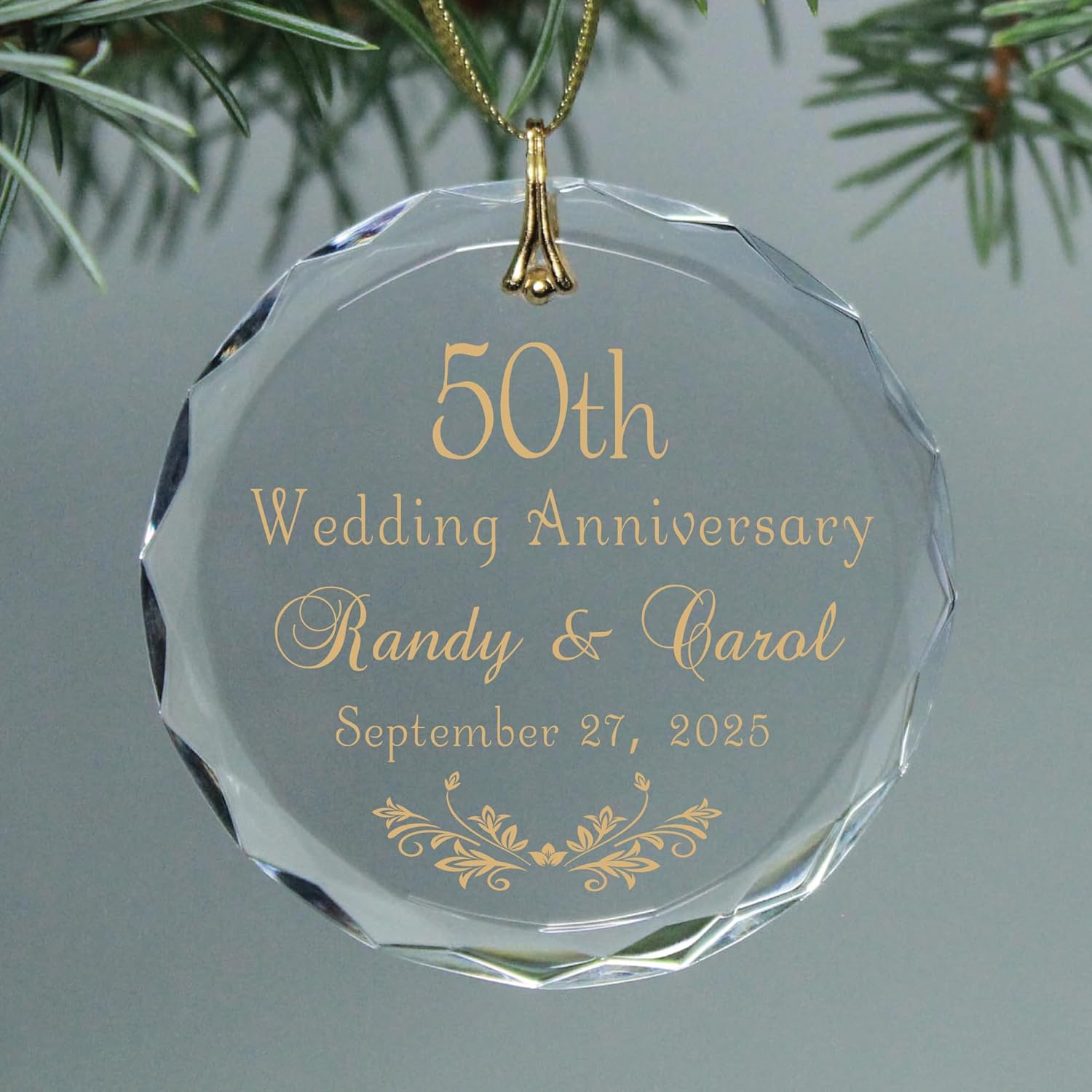Gold Classic Script 50th Golden Laurel Wreath Wedding Anniversary Keepsake - Christmas Ornament Glass Circle Personalized for Any Anniversary