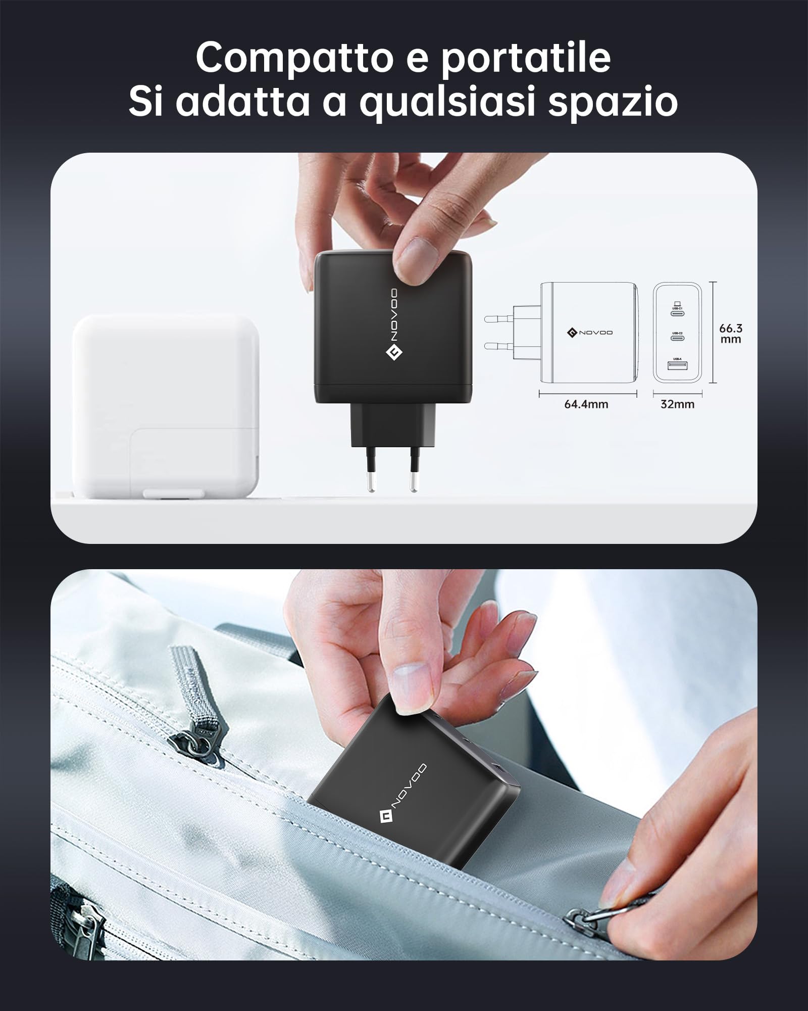 NOVOO Caricabatterie USB C da 120W con 1M cavi PD 100W Type-C, Caricatore compatto PPS GaN III a 3 porte, per MacBook Pro 14'', Dell XPS 13, iPad Pro, iPhone 16, Galaxy S23, Note 20, Apple Watch
