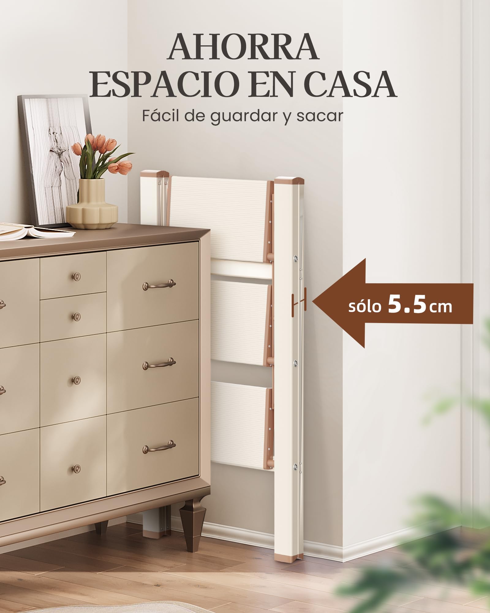 Escalera de 3 Peldaños, Taburete Plegable con Plataforma Ancha Antideslizante de Aluminio Ligero Pero Resistente, Carga Máxima 150 kg, Diseño Moderno para Espacios Domésticos Interiores