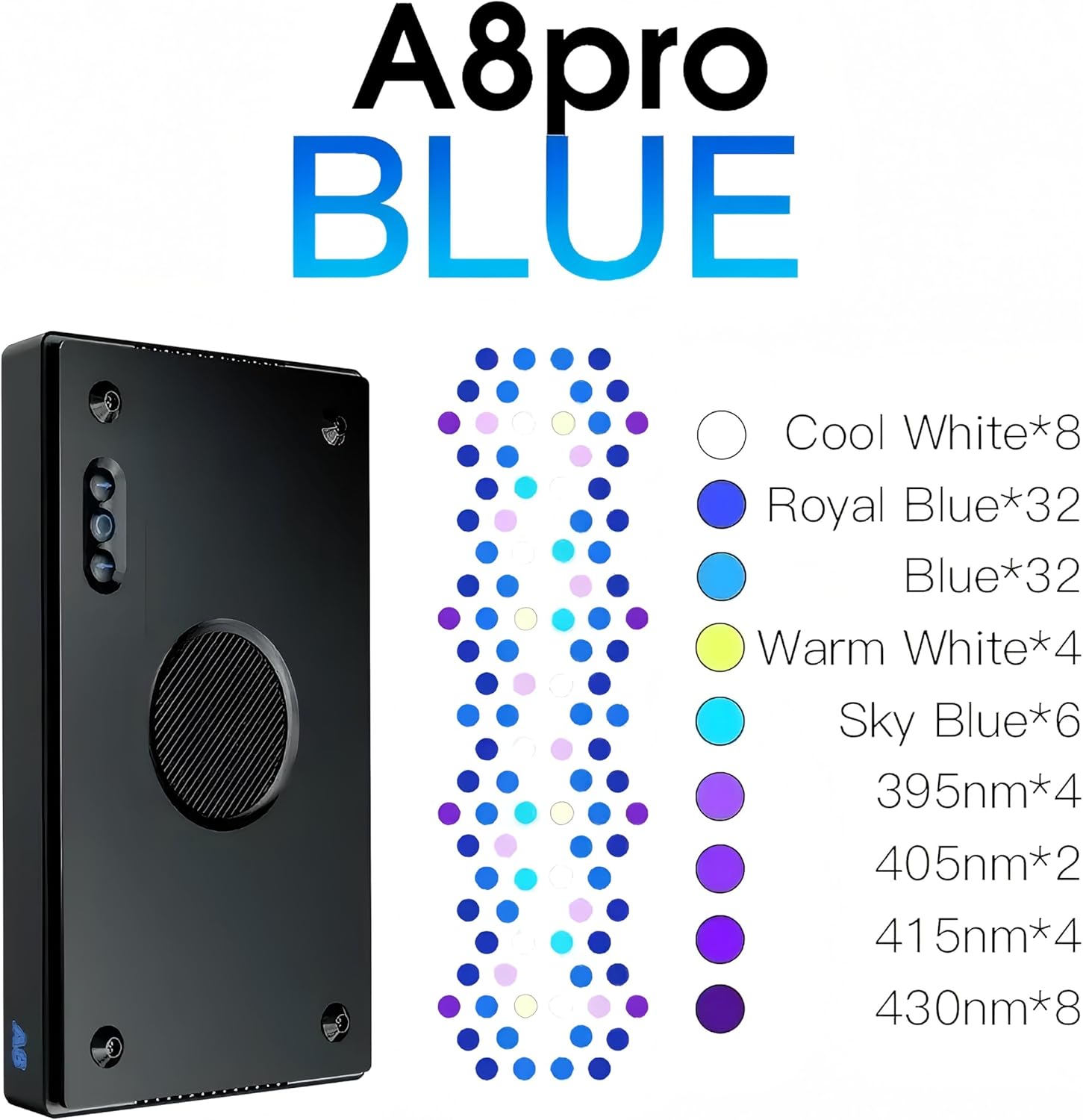 A8Pro II Blue 240W Full Spectrum Aquarium Light with Meanwell Driver, WiFi App Controll, with CREE LED Beads & Hemispherical Lens, 8-Channel, Ultra-Wide Coverage High PAR, for LPS/SPS Coral Reef Tank