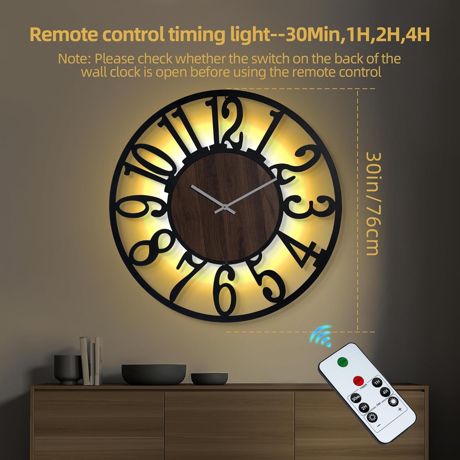 LEIKE Large Wall Clock 30'' Lighted Rustic Wood Clock with Remote Timer, Silent Battery Operated Modern Oversized Wall Clock for Living Room, Bedroom, Farmhouse, Home Decor, Large Number Display