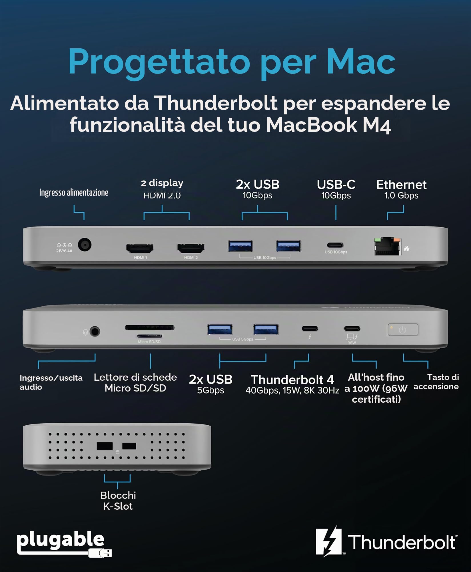 Plugable Thunderbolt 4 Dock per M4/M5 MacBook Air & Pro, ricarica 100 W