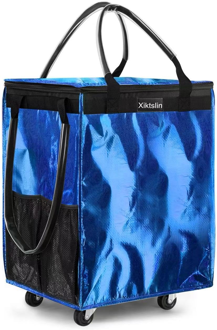 (Medium, Blue) Reusable Grocery Bag on 4 Wheels, Foldable Rolling Tote Carries Up to 66lb Shopping Trolley, Rolling Bag with 3 Handles, Zipper Clouser Rolling Tote Bag with Wheels for Laundry