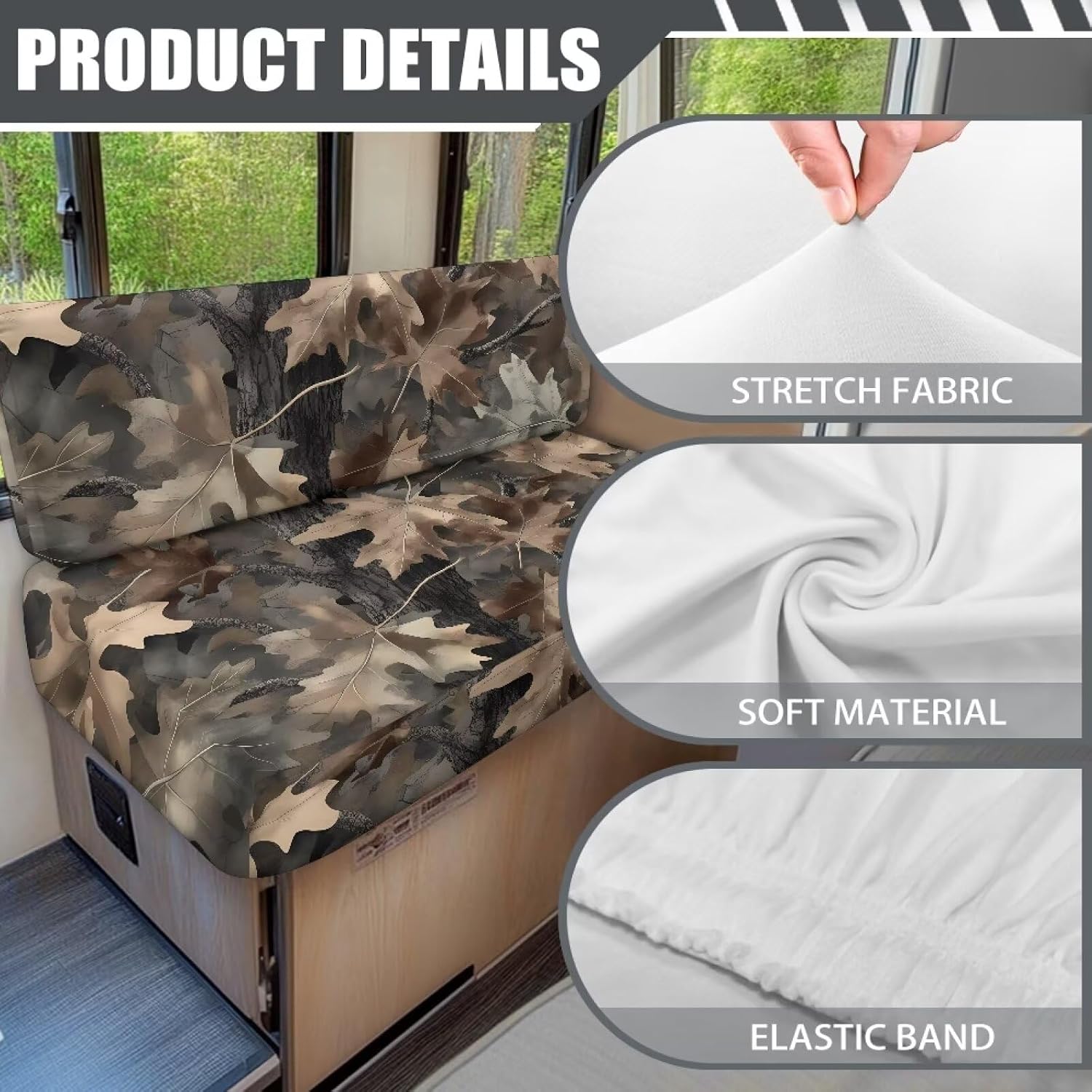Forest Camo RV Seat Covers Dinette Booth Cushions Stretch Camper Cushion Covers 2 Cushion Couch Cover for RV Sofa Breathable Washable RV Bench Seat Covers for Travel Trailer Couch