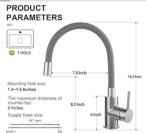 Miniatura 6 de PHICHI Grifo de fregadero de cocina extraíble, grifo de cocina de flexión libre de 360, grifo de cocina ajustable para fregadero, grifo de cocina