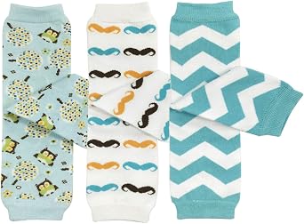 Bowbear Baby 3-Pair Leg Warmers, Owls, Moustaches, Blue Chevron