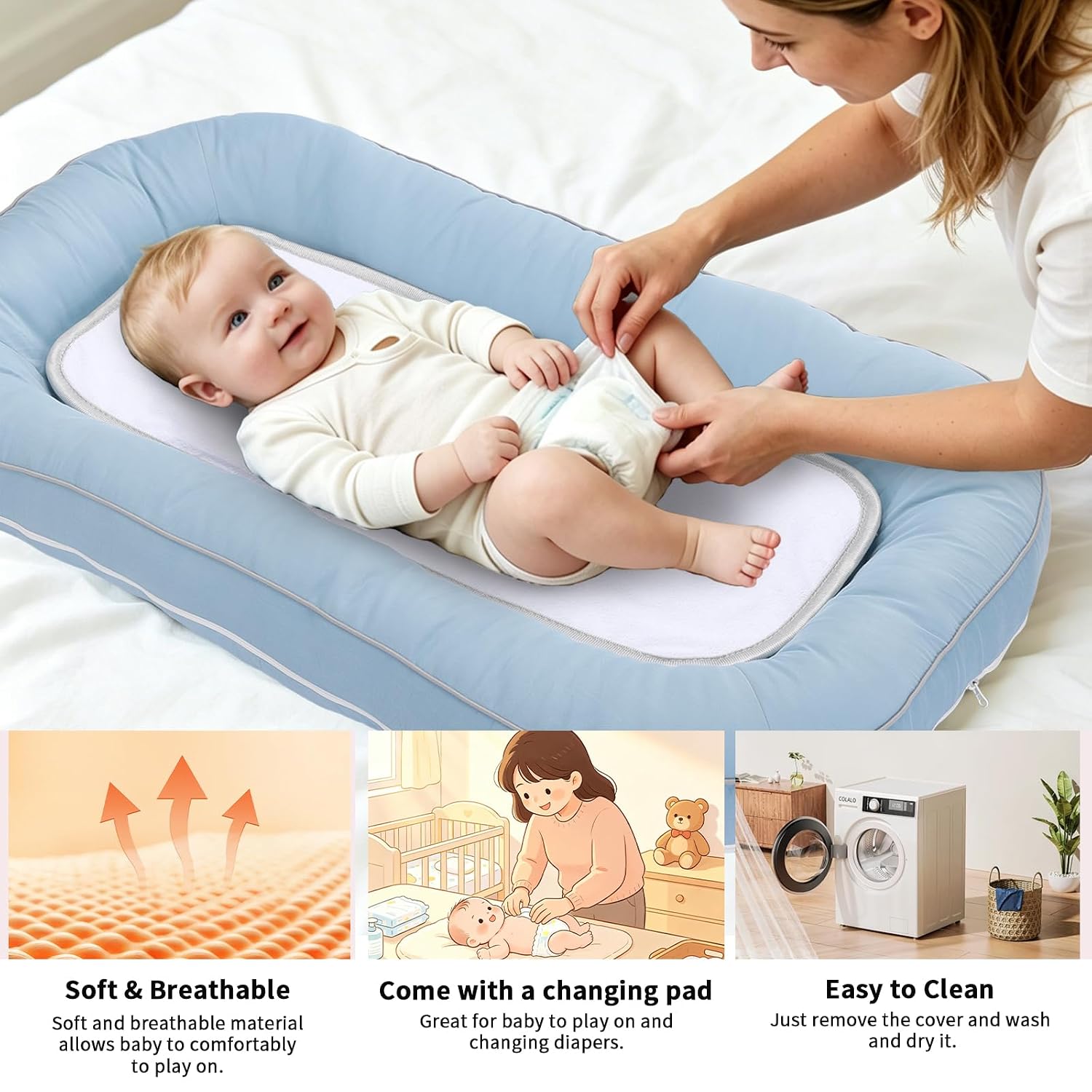 Baby Lounger 0-24 Months,Organic Cotton Nest with Diaper Pad,Blue image 3