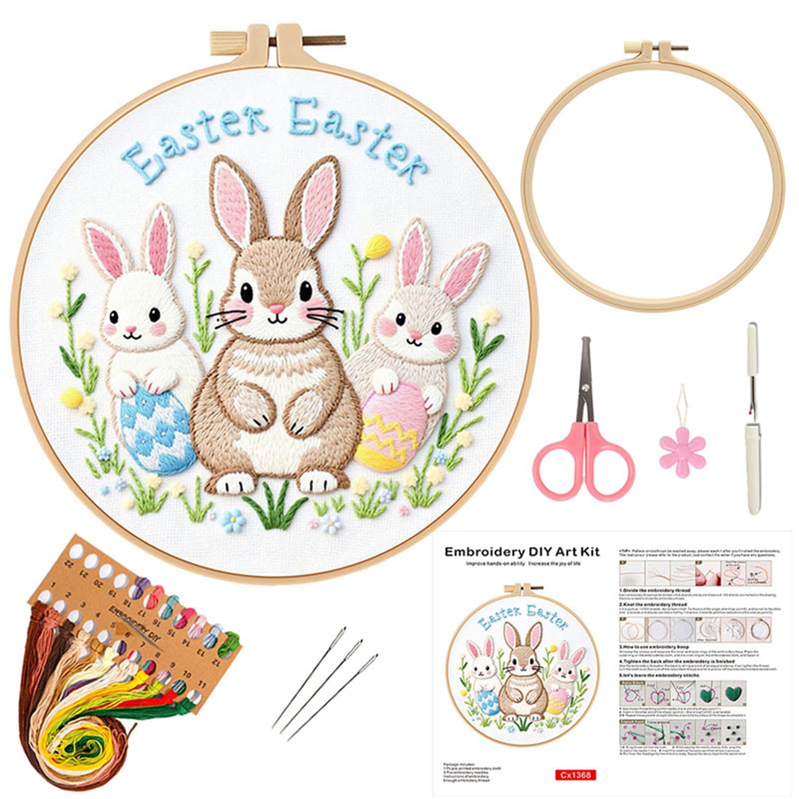 Jazuaiao Relaxing Easter Rabbits Embroidery Set Includes All Supplies for Stress Relief Embroidery Set