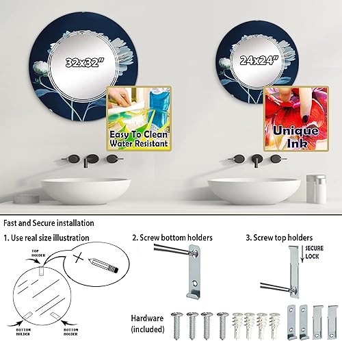 Miniatura 4 de Single White Blooming Wildflower On Retro Blue II- Vanity Mirror, Bathroom Mirrors, Wall Mirrors for Living Room, Bedroom - Round Mirror - Large