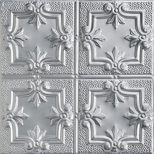 Shanko SK321-laq-24x24-N-6 Antoinette - Azulejo de techo de metal con sello de clavos (24 pies cuadrados), plateado, paquete de 6