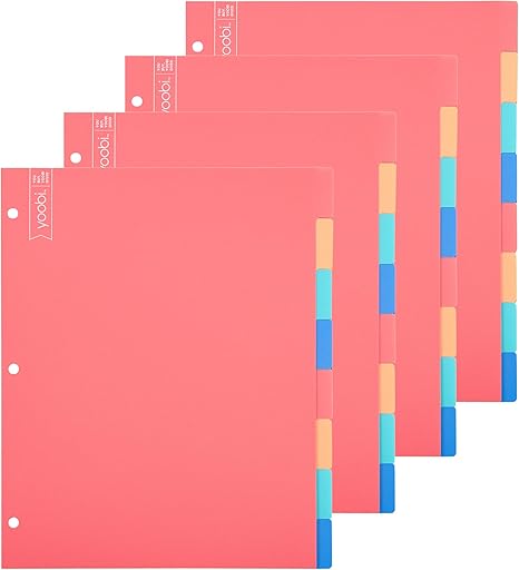 Yoobi Binder 8 Tab Dividers, Pack of 4 â€“ Multicolor Dividers for 3 Ring Binder â€“ Sturdy Poly Binder Organizer Page Tabs w/Blank Sticky Labels - Binder Dividers with Tabs for School, Office, Home