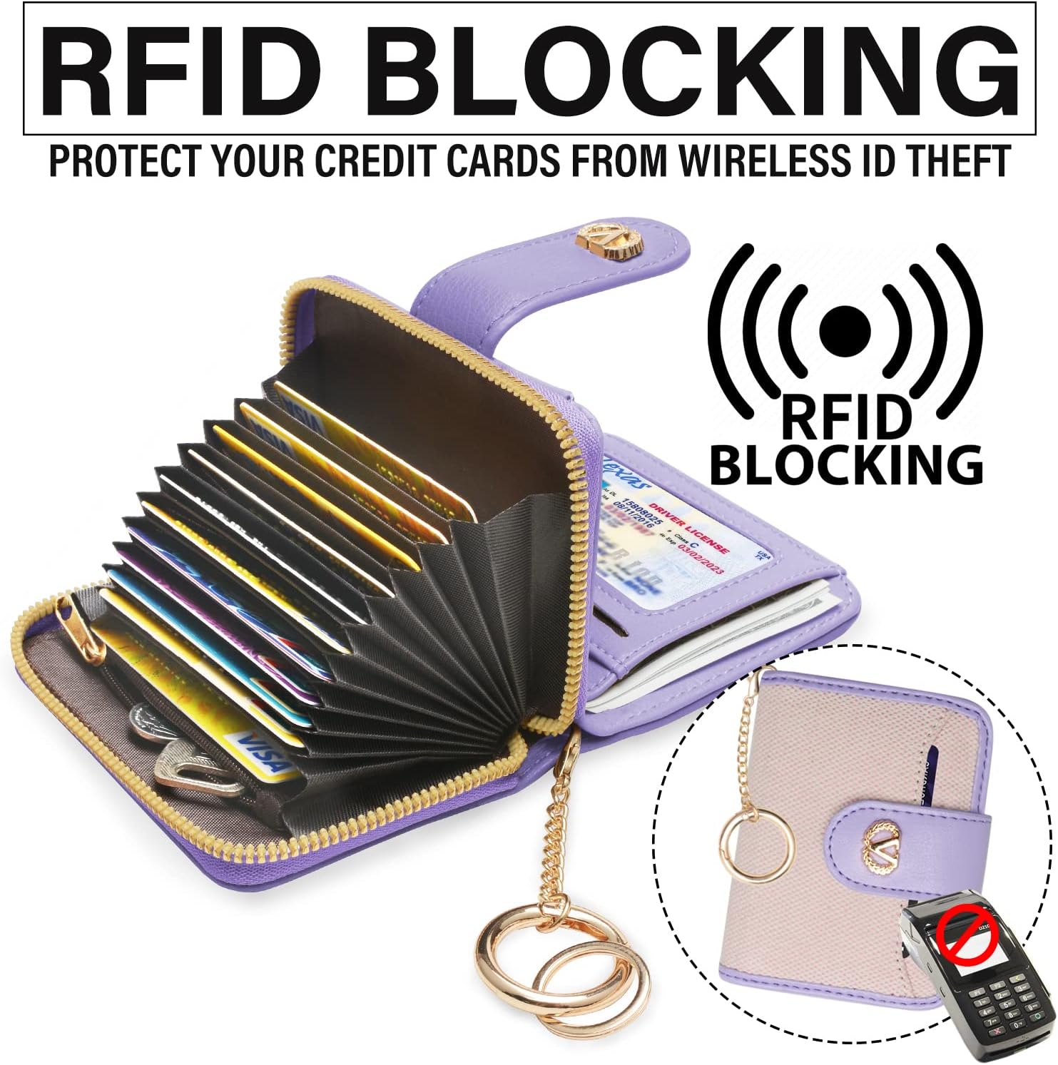 Portable Round Bangle Keychain, Credit Card Holder Pocket Bracelet Keyring, Waterproof, Faux Leather, 16 Cards Slots, Silicone Bracelet & RFID Cards Holder, Woven Purple image 3