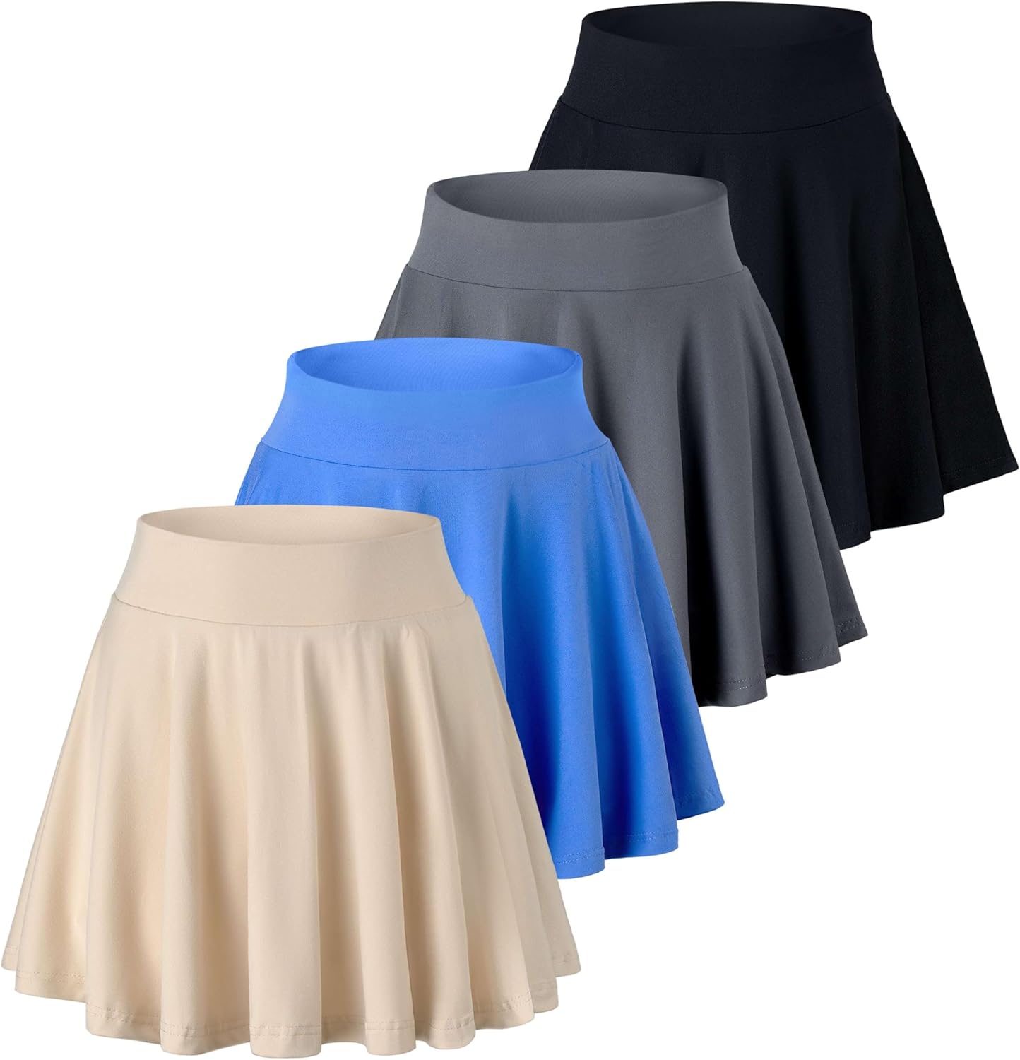 Real Essentials 4 Pack: Women's Basic Casual Stretchy Mini Skirt - Skater A-Line Flowy Flared (Available in Plus Size)