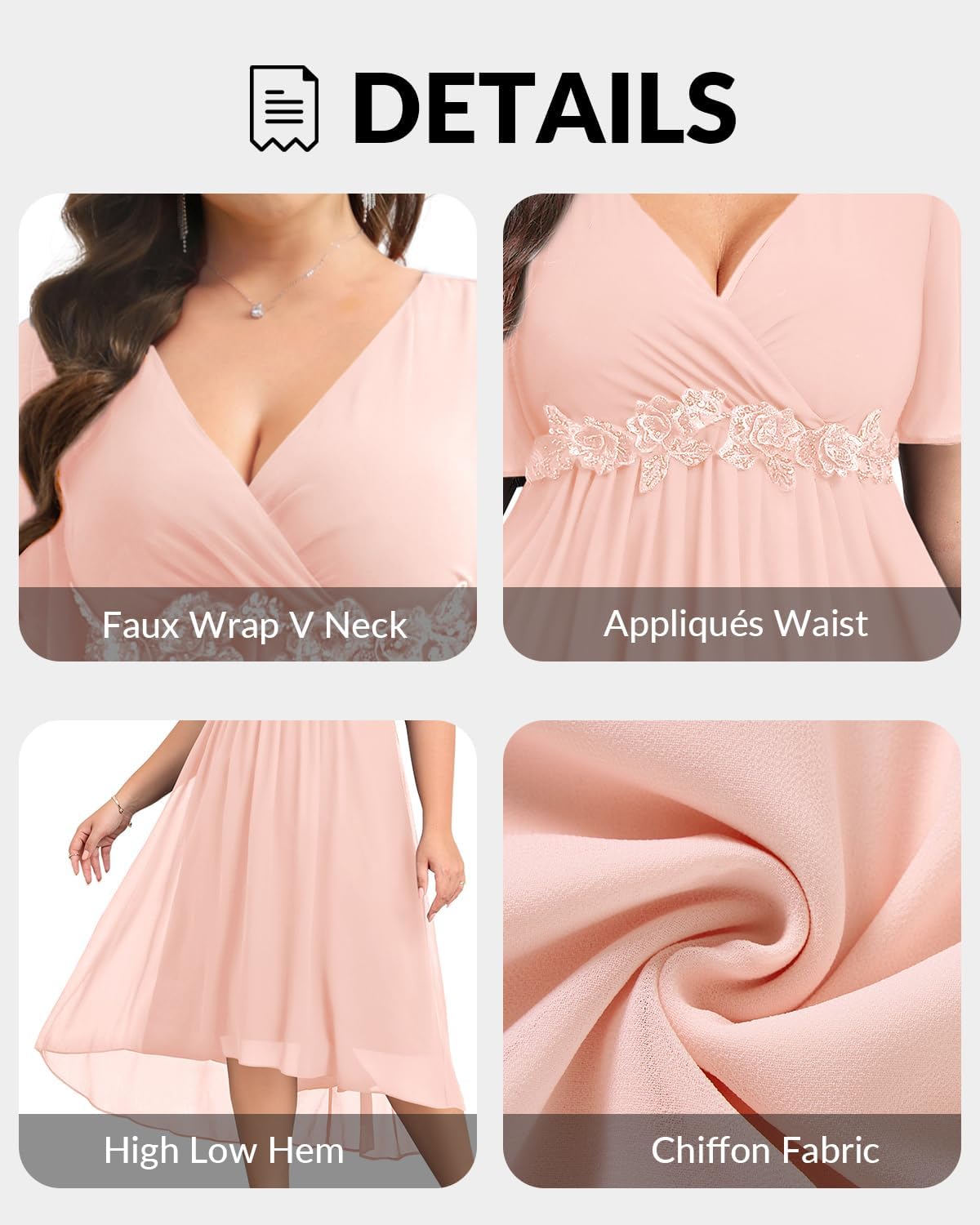 Plus Size Pink Dress Formal Wedding Guest Bridesmaid Mother of Bride Chiffon V Neck Short Sleeve High Low Dresses Women - Image 6