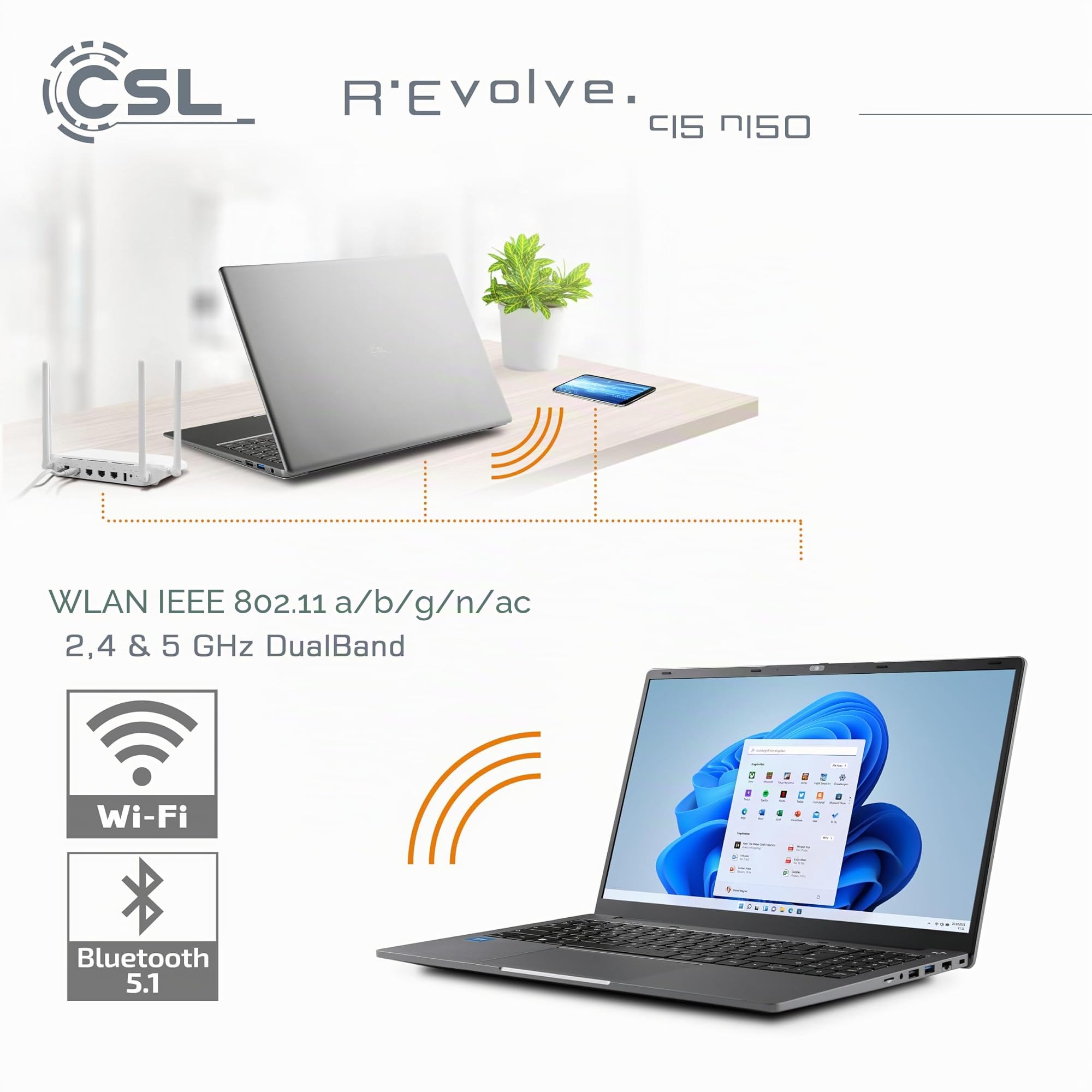 Notebook CSL R'Evolve C15 v4 Windows 11 Home - Ultra-Slim Laptop, 15,6 Zoll Display FHD 1920x1080 IPS, Intel N150 CPU 4x3600 MHz Turbotakt, 1000 GB M.2 SSD, 16 GB DDR4-RAM, USB 3.2, BT 5.1, AC WLAN