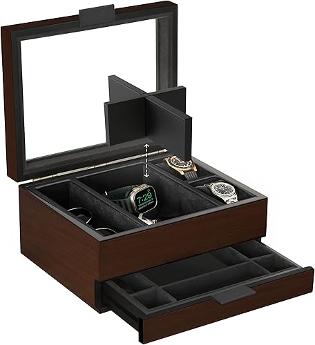 Caja organizadora de 8 ranuras para hombres, acabado de nogal de madera de cerezo, vitrina de reloj, bandeja modular de valet, compatible con Apple