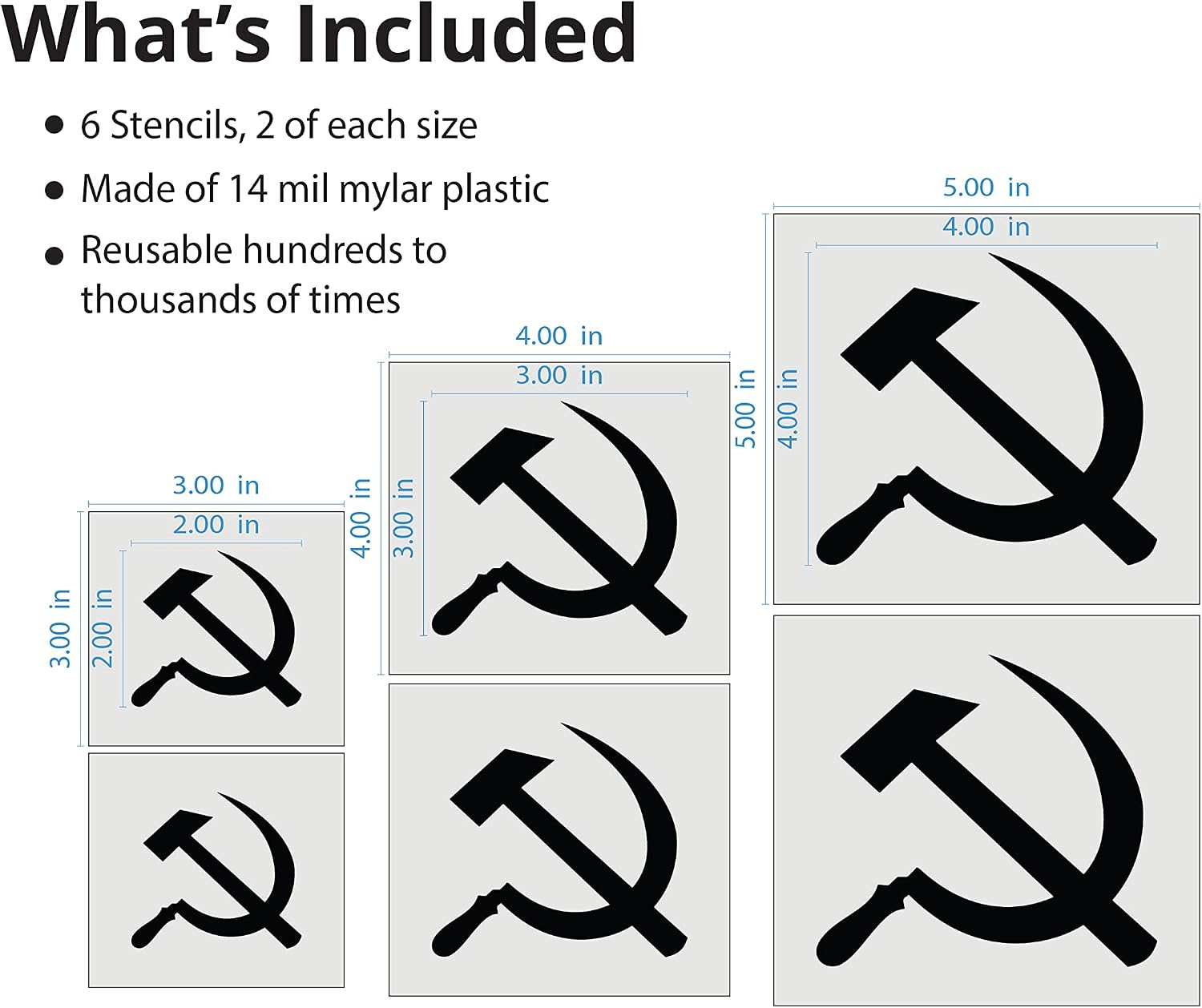 Stencil Stop Hammer and Sickle Stencil - Reusable for DIY Projects, Painting, Drawing, Crafts - 14 Mil Mylar Plastic (6 Pack (2", 3", and 4", 2 Each))