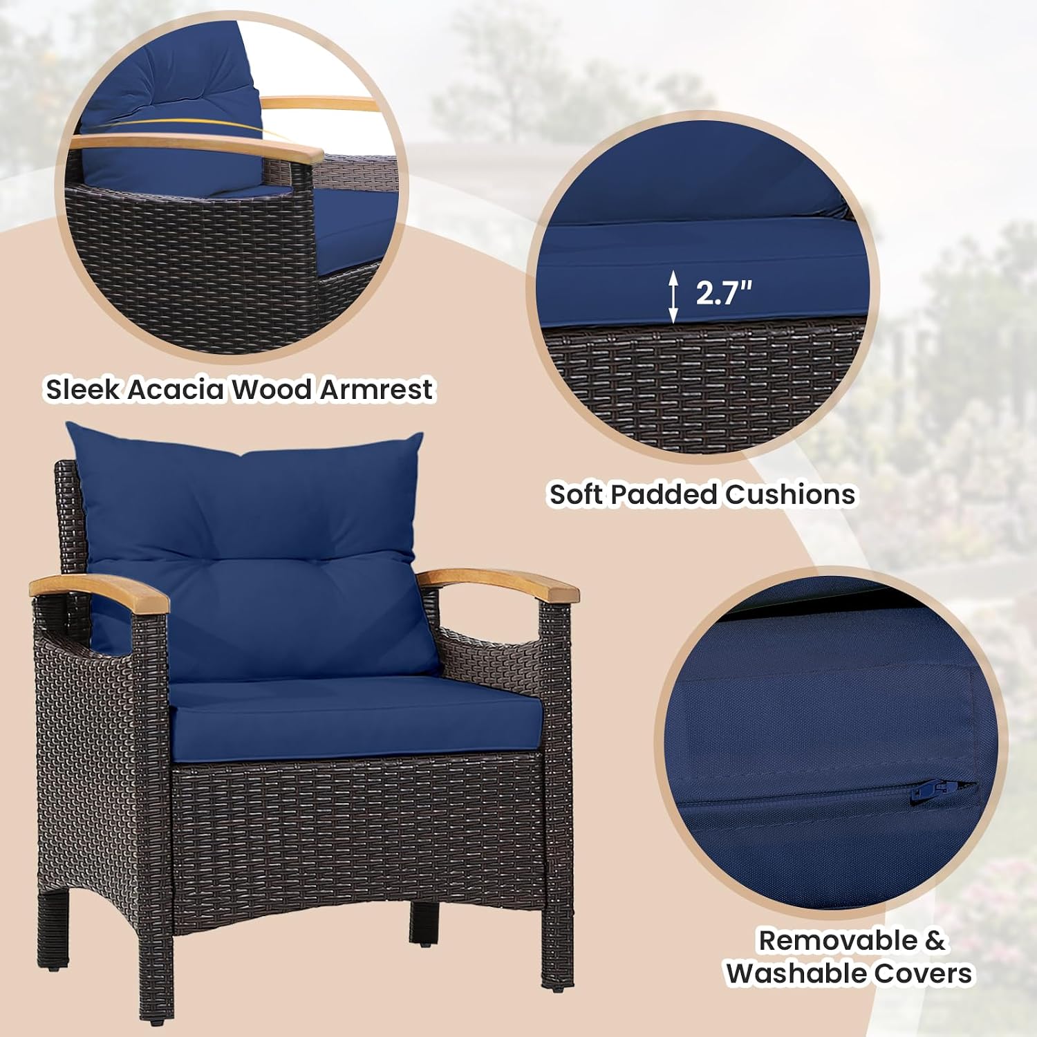 ORALNER 3 Pieces Patio Furniture Set, Outdoor Wicker Conversation Chairs with Soft Cushions, Acacia Coffee Table, Rattan Bistro Set for Balcony Garden Deck Front Porch Poolside (Navy Blue)