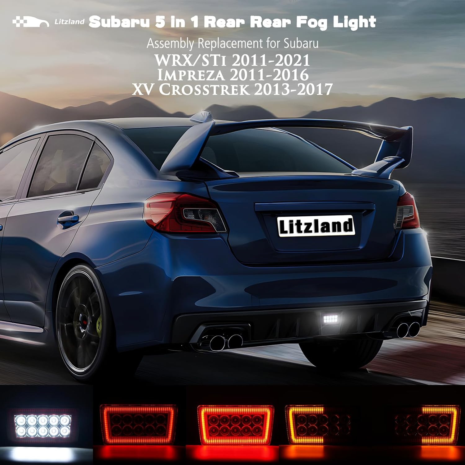litzland 5-In-1 LED Rear Fog Light Red Lens Amber Dynamic Assembly Compatible with Subaru WRX STI 2011-2021/2011-2016 Impreza /2013-2017 XV Crosstrek Brake Backup Reverse Turn Signal Lights