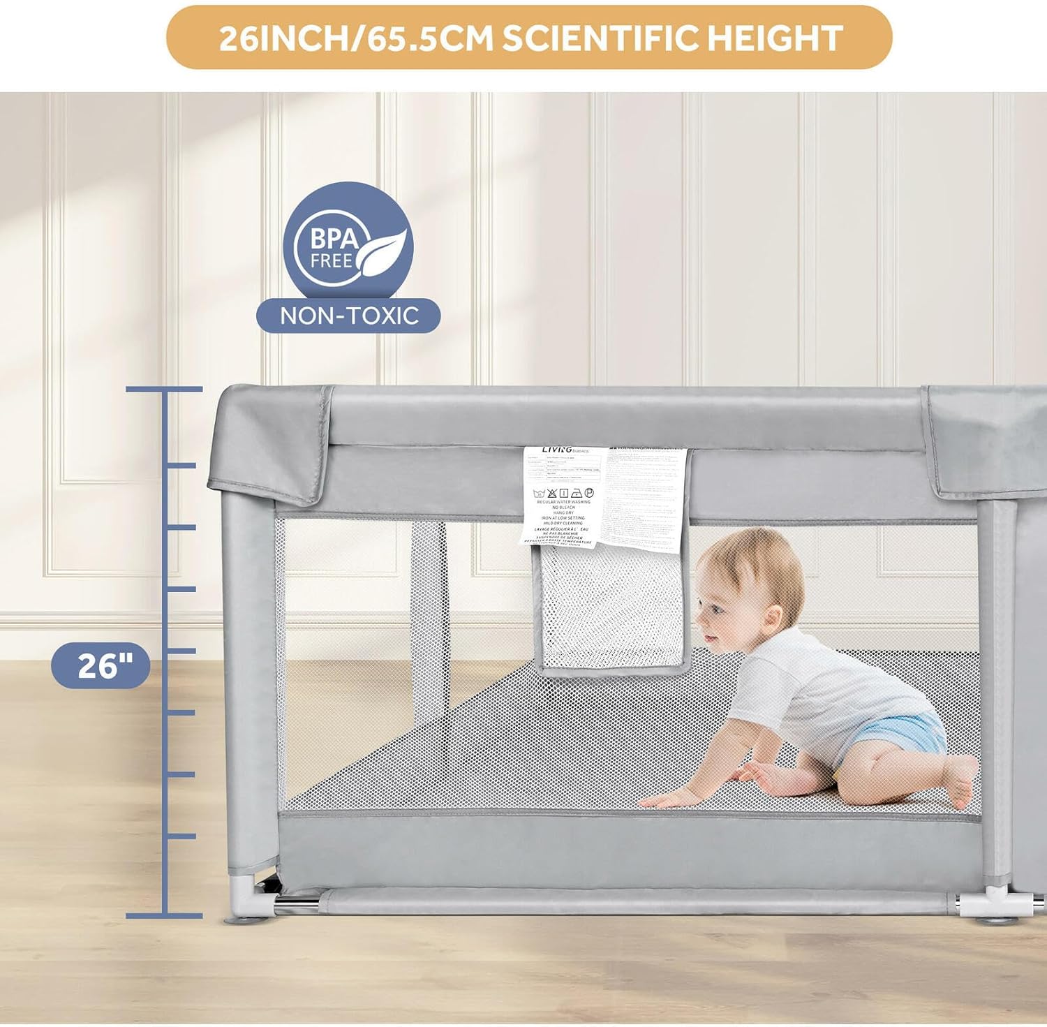 Image showing a baby inside the playpen, with a measurement indicating the 26-inch (65.5 cm) height of the playpen.