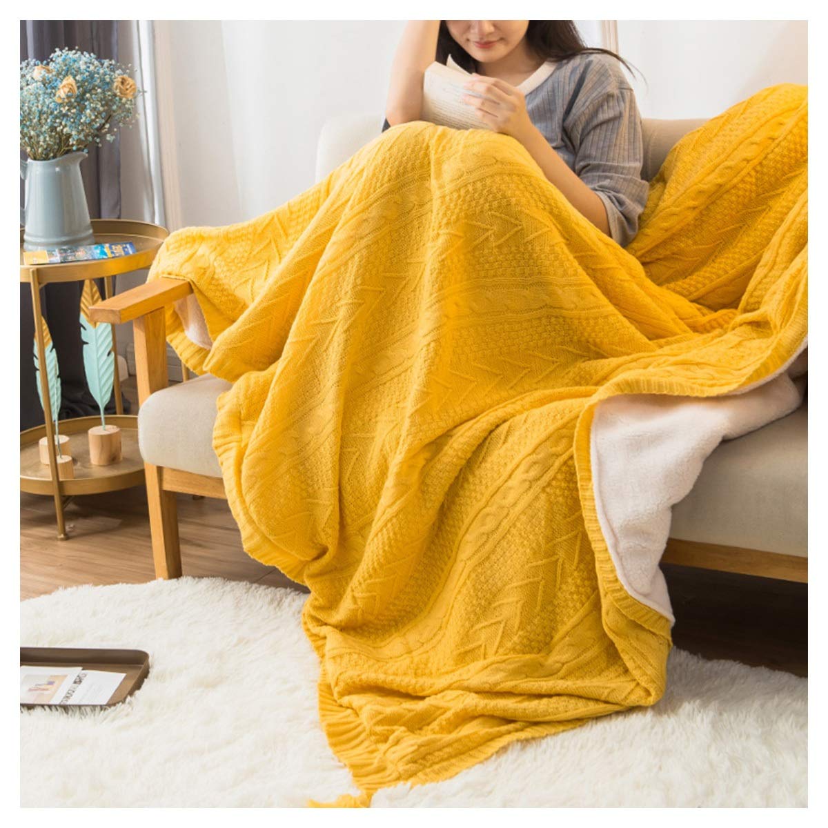 HHGO Luxury Throw Blankets for Couch, Knitted Throw Blankets Double Blanket Soft Warm Lamb Wool for Bedroom Bed Or Sofa Decorative Blanket, Fuzzy Blanket for Adult Kids