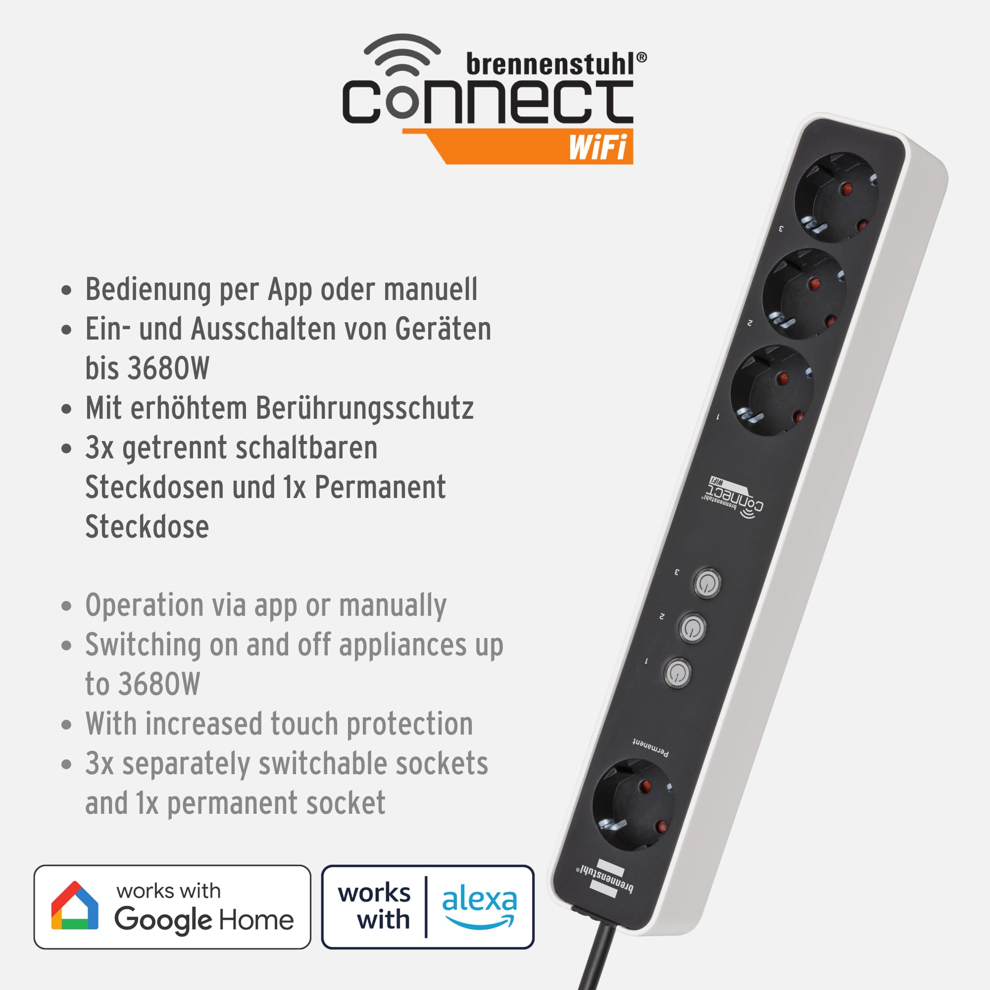 Brennenstuhl Connect Ecolor - Ciabatta elettrica WiFi a 4 vie con 3 canali (3 prese commutabili singolarmente e 1 presa permanente, compatibile con Alexa e Google Assistant, app gratuita)