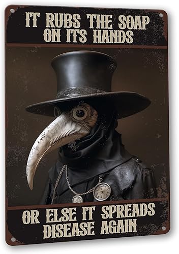Letrero de lata para pared, diseño gótico retro de la peste doctor, lava tus manos, decoración gótica de baño de Halloween, póster de metal de 8 x