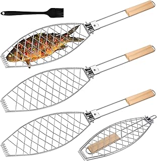 3 x visbraadpan van roestvrij staal met houten handvat, 62 x 12 cm, voor grillen, grillen, inklapbaar, draagbare tang, zilver