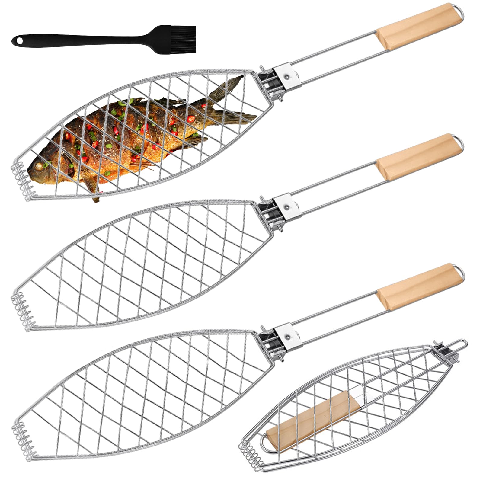 3 x arrosti per pesce, in acciaio inox, con manico in legno, 62 x 12 cm, per grigliare, barbecue, pieghevole, pinza portatile, colore: argento