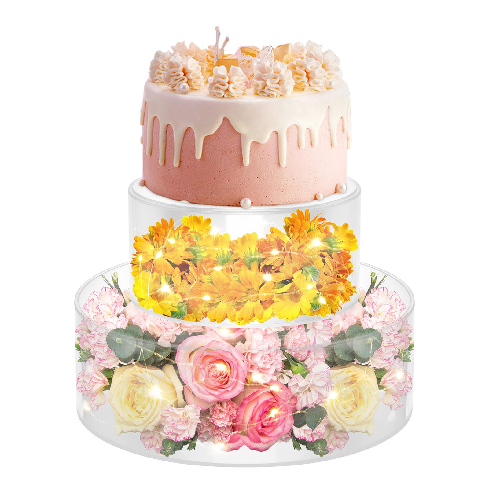 Lot de 2 présentoirs à gâteau avec bandes lumineuses LED - En acrylique transparent - Remplissables - Pour gâteau d'anniversaire, fête prénatale, festival