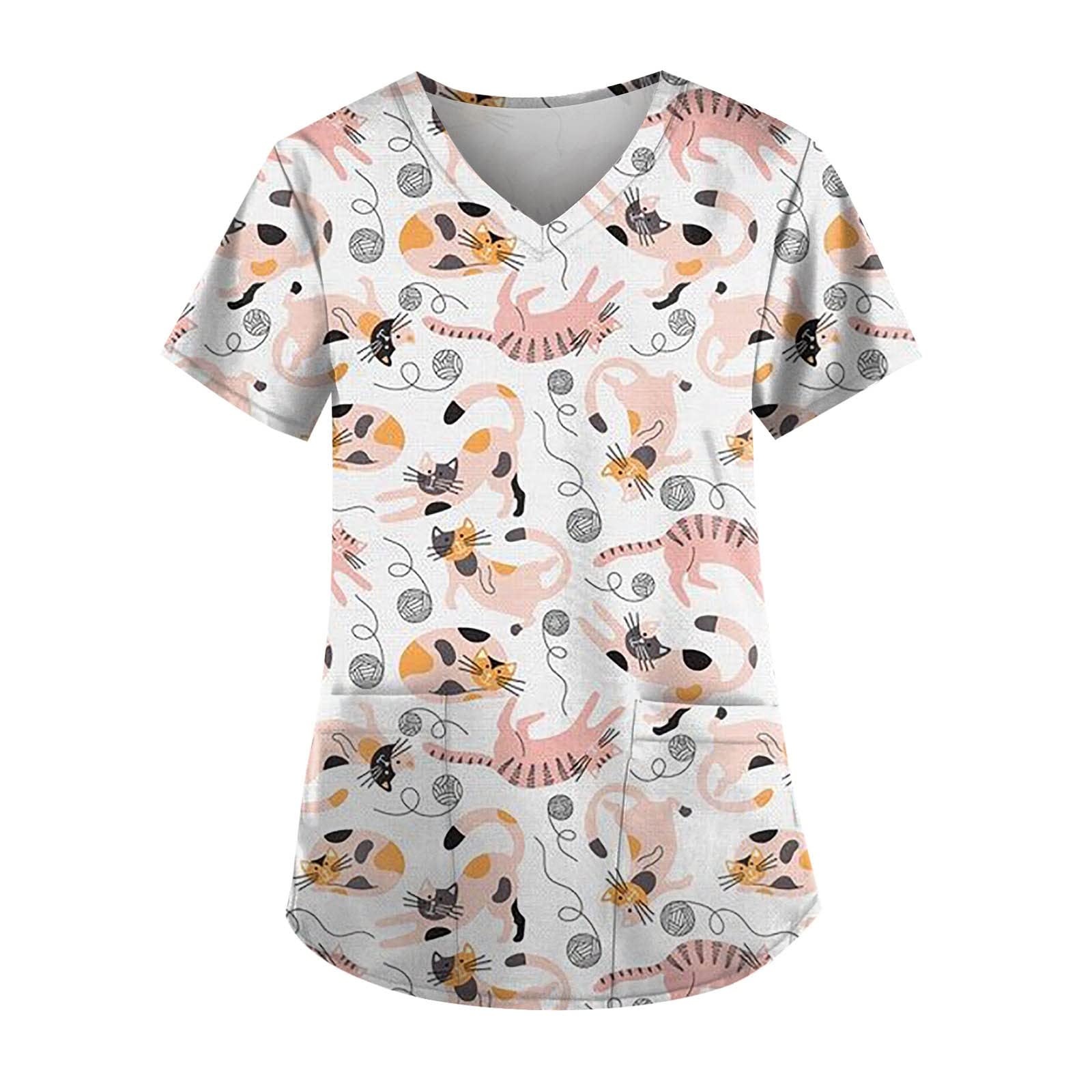 Women's Classic-Fit Printed Carer Tops Breathable V Neck Working T Shirt Slim Fit Tunic Short Sleeve Blouses