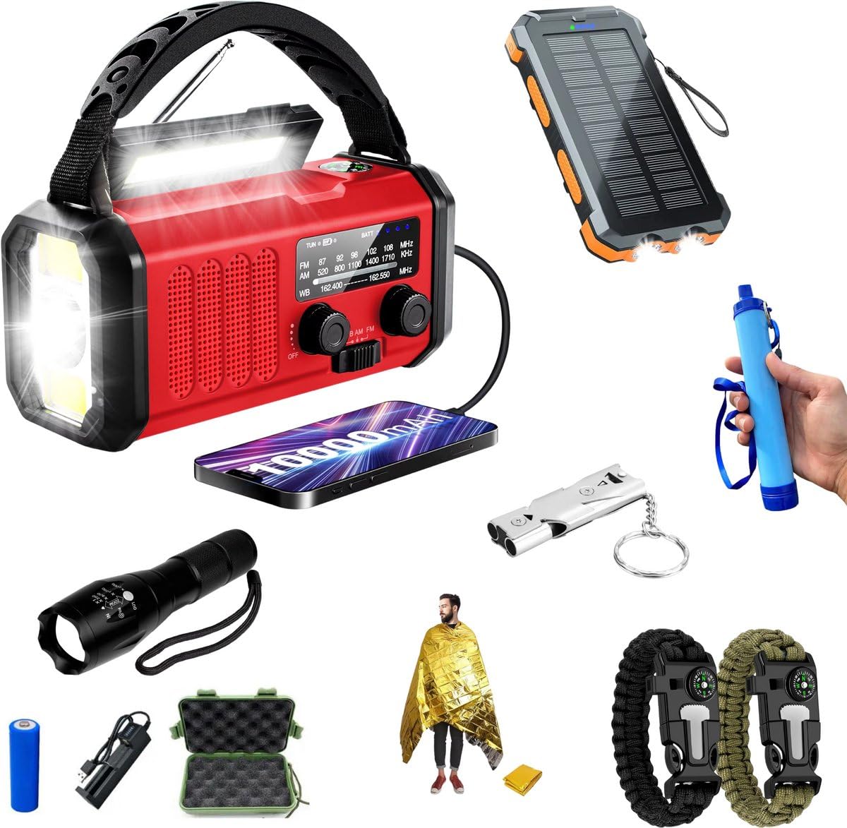 PRO - Notfall-Paket für Zuhause - Komplettes Überlebenspaket bei Krieg, Katastrophen & Stromausfall - 10.000mAh Notfall Solar Aufziehbar und Akku - 72 Stunden Survival Kit