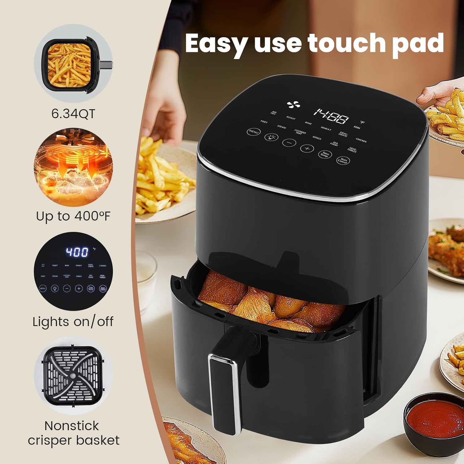 Air Fryer, 6QT Square Airfryer with Visual Window, 400°F Fast Heating Air Fryers Oven with Timer, Auto-Off, Non Toxic & Non Stick, Multiple 12 Modes for Roast, Bake, Dehydrate, Fry, Reheat