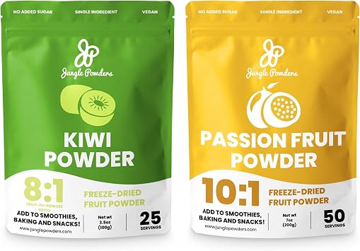 Jungle Powders Freeze-Dried Exotic Fruit Powder Bundle 3.5oz Kiwi & 7oz Passion Fruit Powders - Unsweetened Flavoring for Baking, Smoothies, Cooking, Supplements & More!