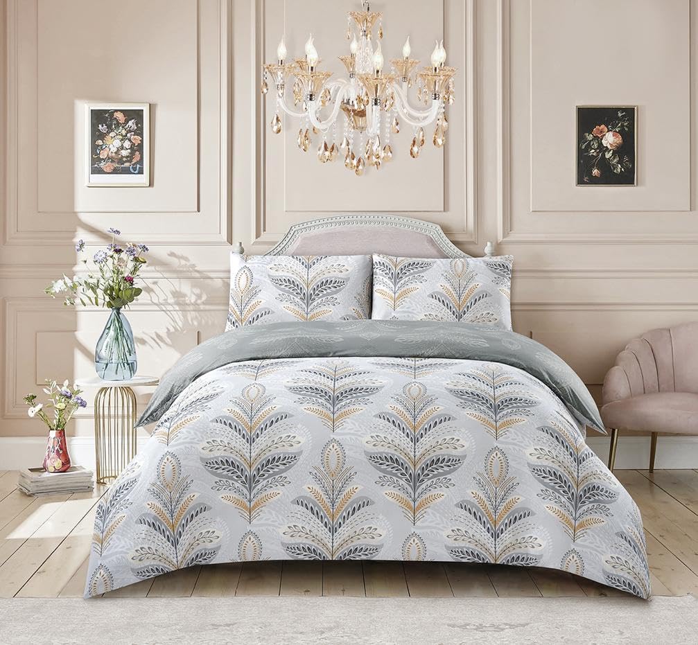 Luxurious 4-Piece Bedding Set: Soft Polyester-Cotton Duvet Cover with Extra Fitted Sheet and Pillow Cases – Effortless Elegance for Your Bed (Jasmine Silver, 3 Peice Single)